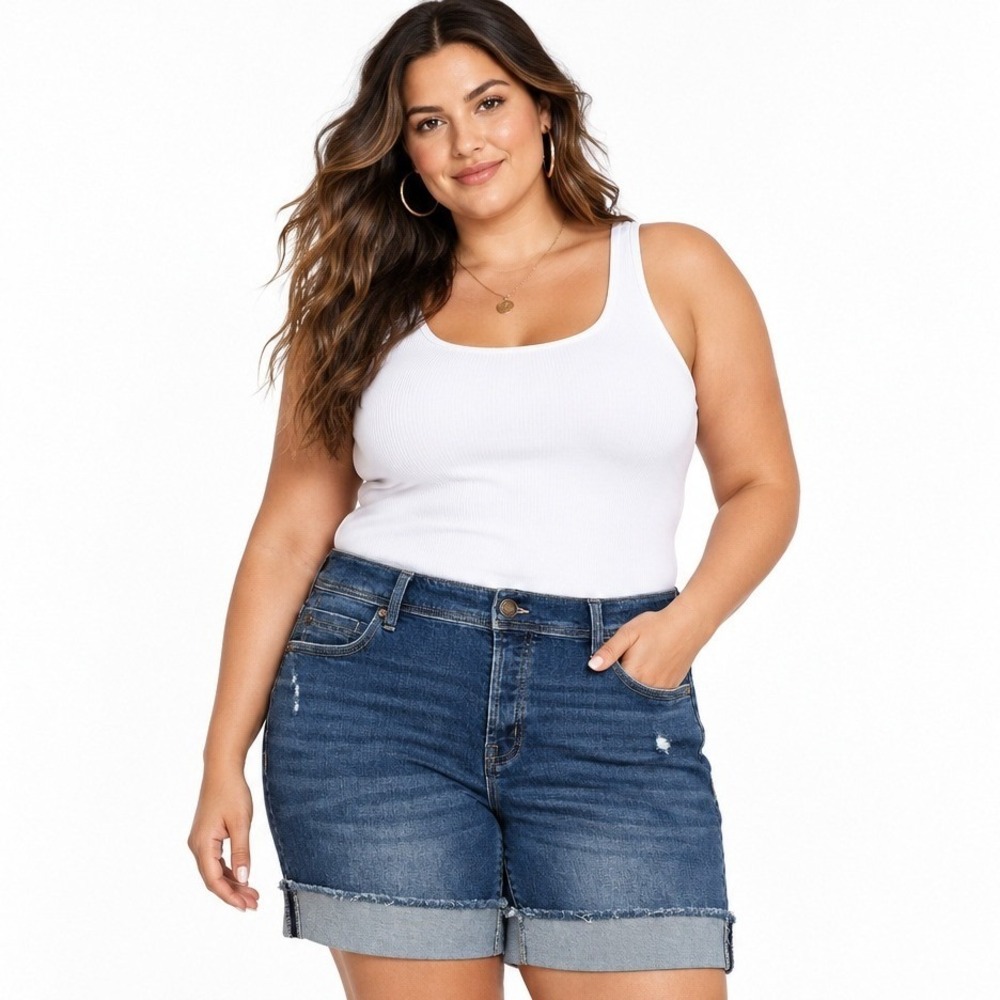 Liverpool Los Angeles The Keeper Fray Cuff Short Indigo Boyfriend Denim 14W NEW